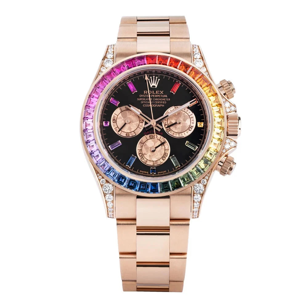 Daytona Watch 40MM Black Diamond Baguette Index Markers Dial Rose Gold